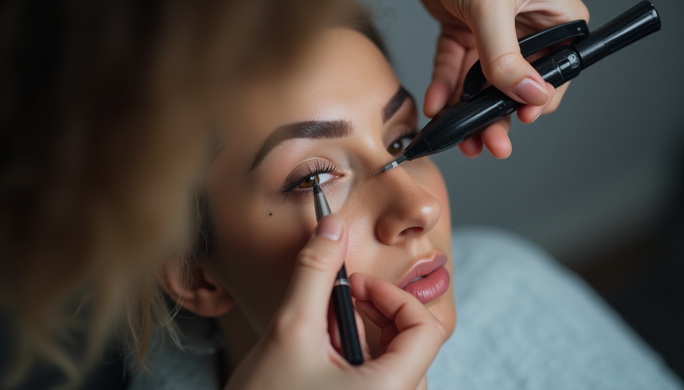 O tânără elevă urmând un curs de micropigmentare sprâncene, practicând pe un model sub supraveghere.