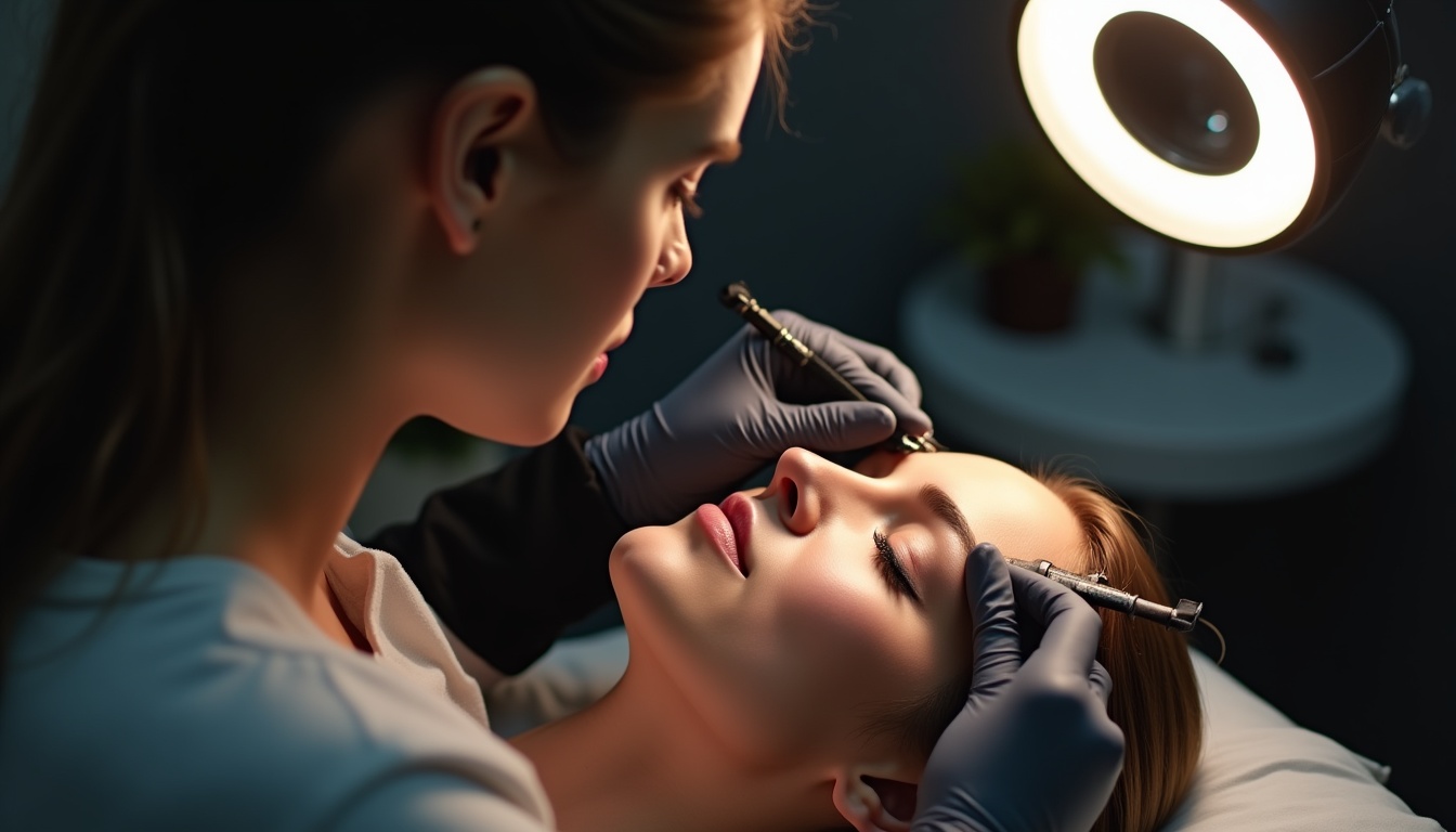 Femeie zâmbind, arătând sprâncene perfect conturate după un tatuaj sprancene