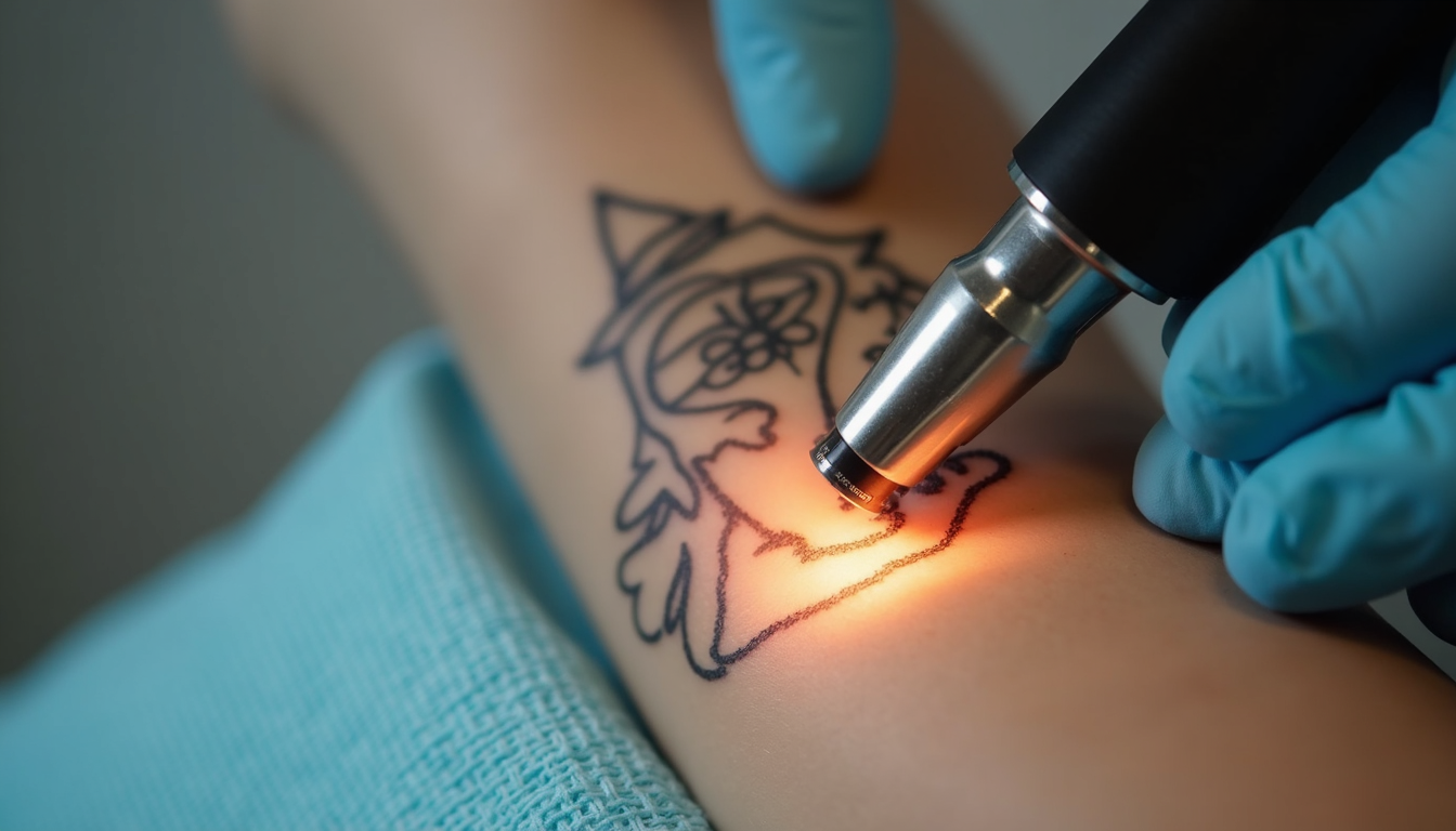 Femeie zâmbitoare care privește pielea curată după îndepărtare tatuaj cu laser la un salon modern