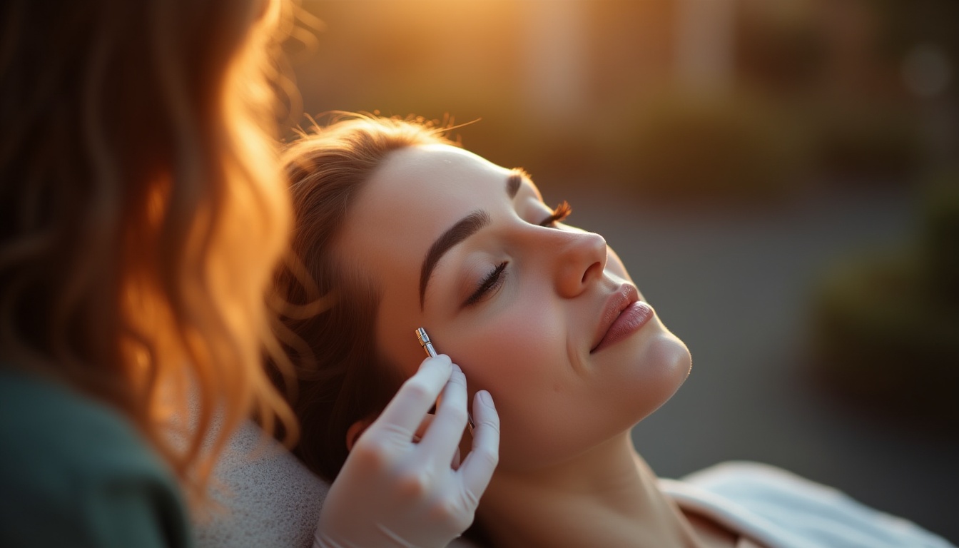 Femeie cu sprâncene impecabile după microblading, zâmbind în oglindă