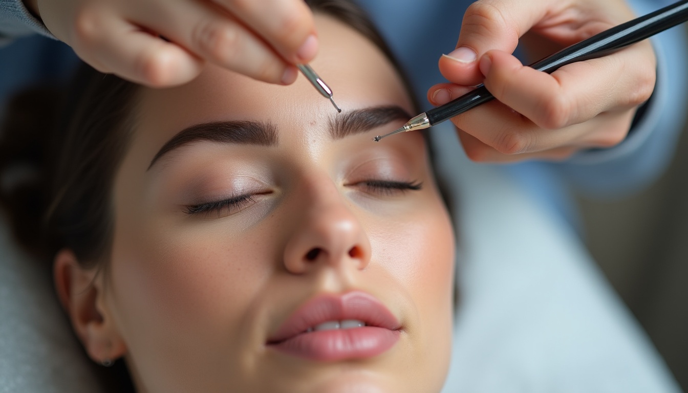 Femeie zâmbind, cu sprâncene perfect definite prin micropigmentare powder, reprezentând tendințele din 2025.